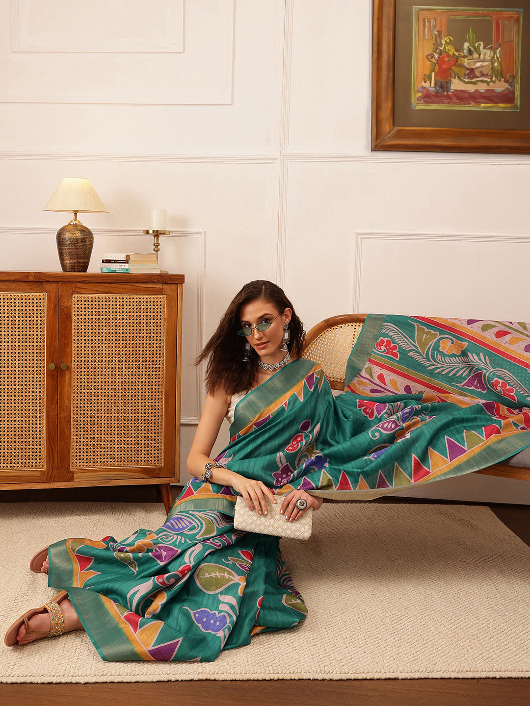 Hiral Fashion Teal Ikkat Kotha Silk Floral Digital Print Saree | Grocsy