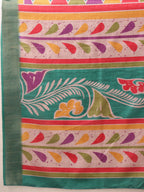 Hiral Fashion Teal Ikkat Kotha Silk Floral Digital Print Saree | Grocsy