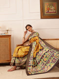 Hiral Fashion Yellow Ikkat Kotha Silk Floral Digital Print Saree | Grocsy