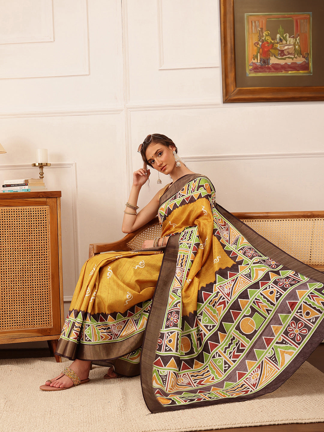 Hiral Fashion Yellow Ikkat Kotha Silk Floral Digital Print Saree | Grocsy