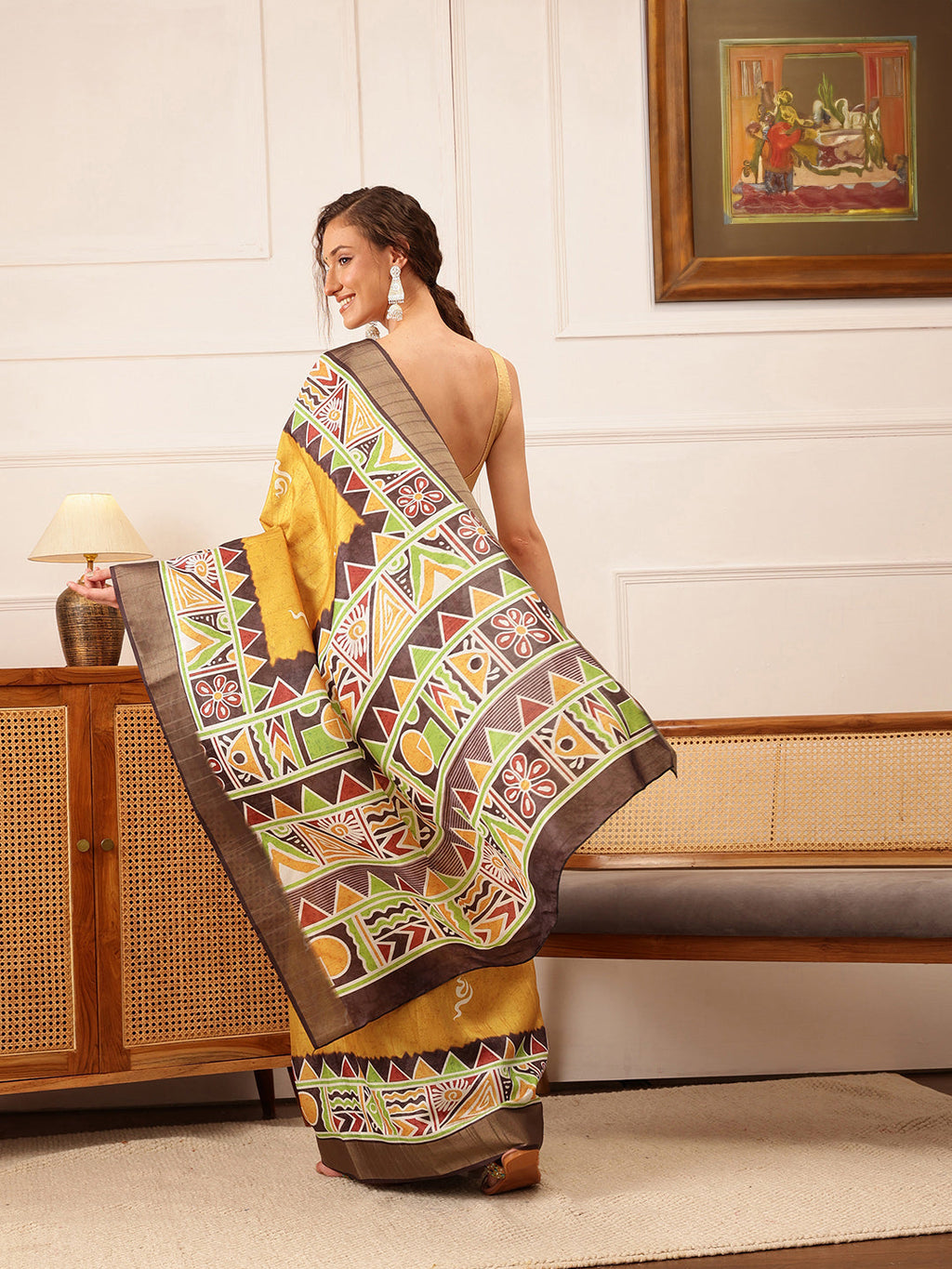 Hiral Fashion Yellow Ikkat Kotha Silk Floral Digital Print Saree | Grocsy