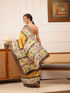Hiral Fashion Yellow Ikkat Kotha Silk Floral Digital Print Saree | Grocsy