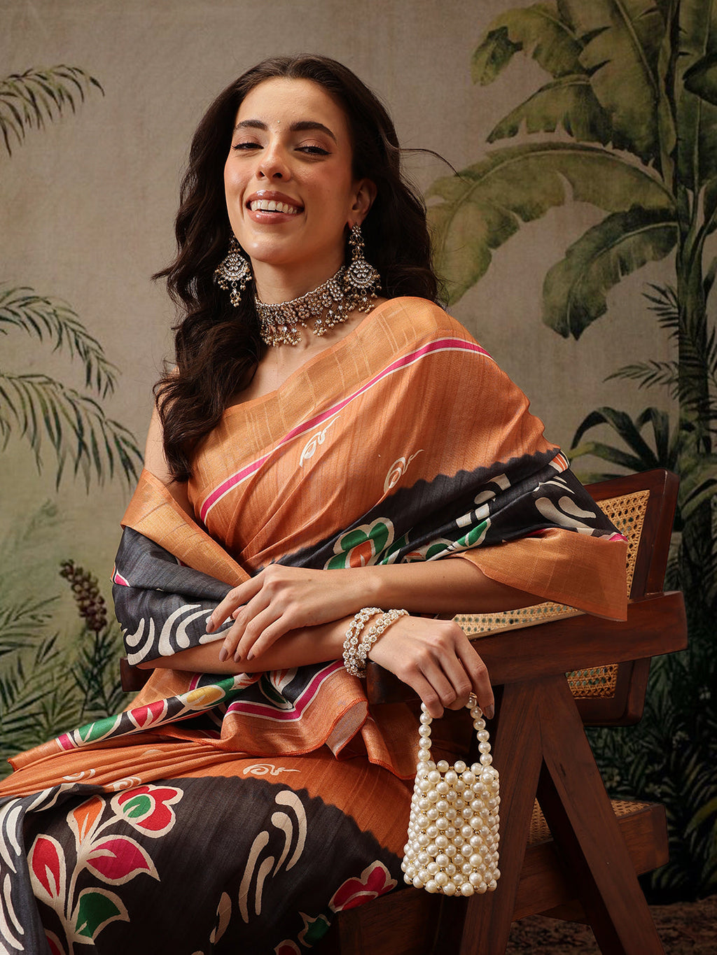 Hiral Fashion Black Banarasi Silk Blend Floral Digital Printed Saree | Grocsy