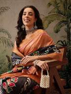 Hiral Fashion Black Banarasi Silk Blend Floral Digital Printed Saree | Grocsy