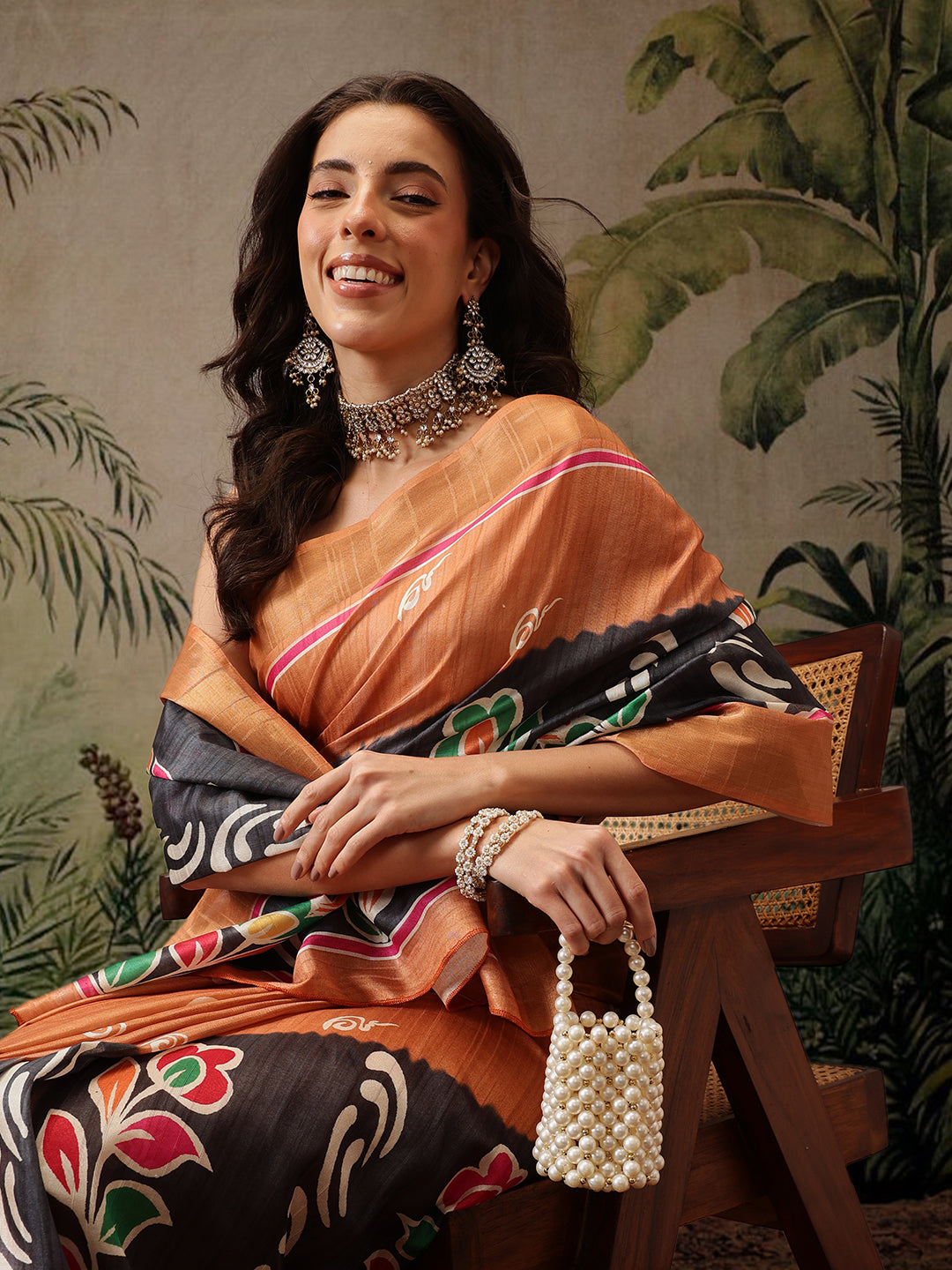 Hiral Fashion Black Banarasi Silk Blend Floral Digital Printed Saree | Grocsy