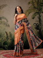 Hiral Fashion Black Banarasi Silk Blend Floral Digital Printed Saree | Grocsy