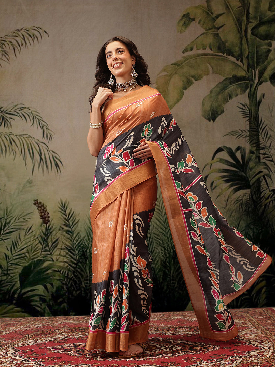 Hiral Fashion Black Banarasi Silk Blend Floral Digital Printed Saree | Grocsy