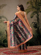 Hiral Fashion Black Banarasi Silk Blend Floral Digital Printed Saree | Grocsy