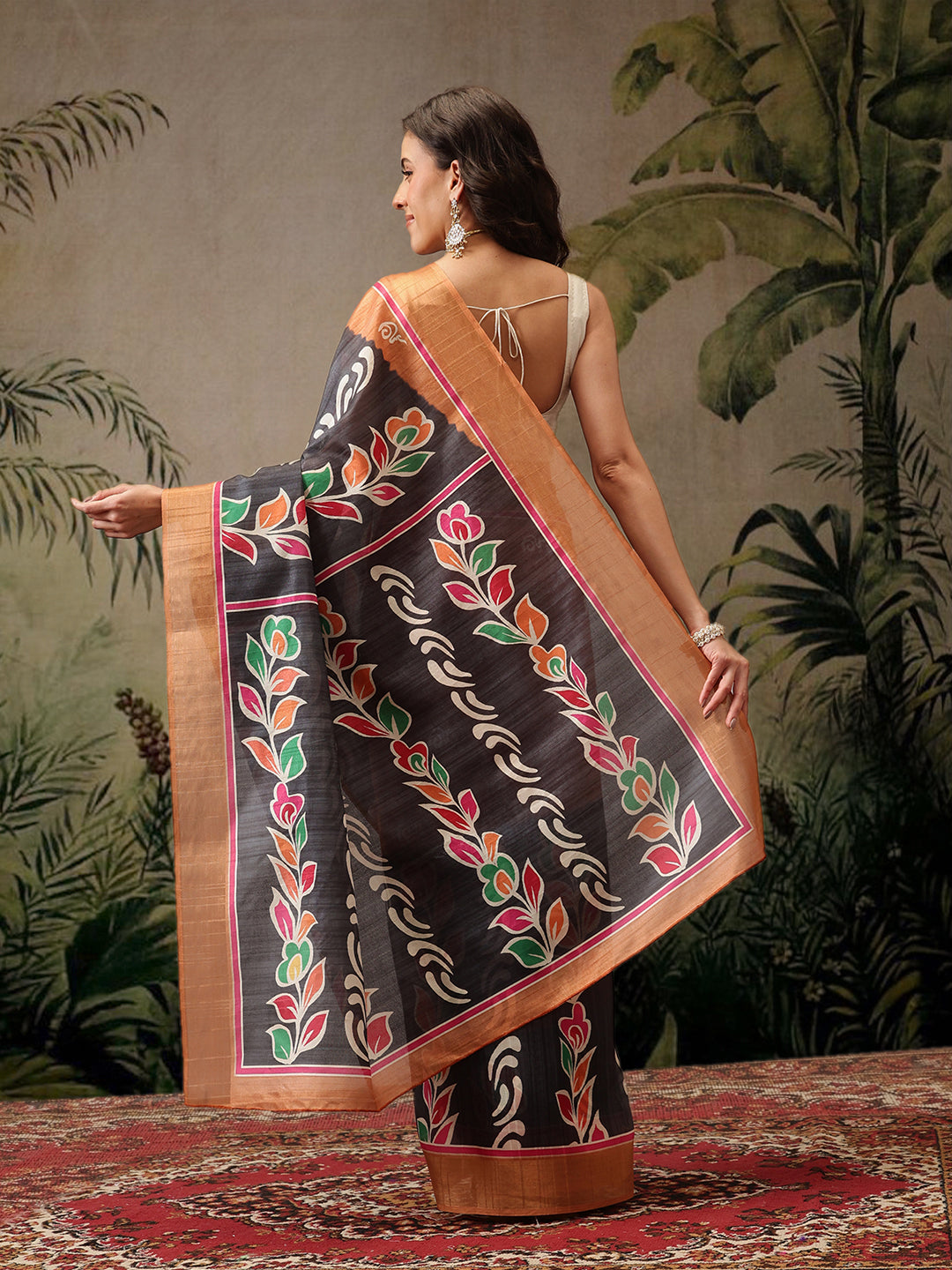 Hiral Fashion Black Banarasi Silk Blend Floral Digital Printed Saree | Grocsy