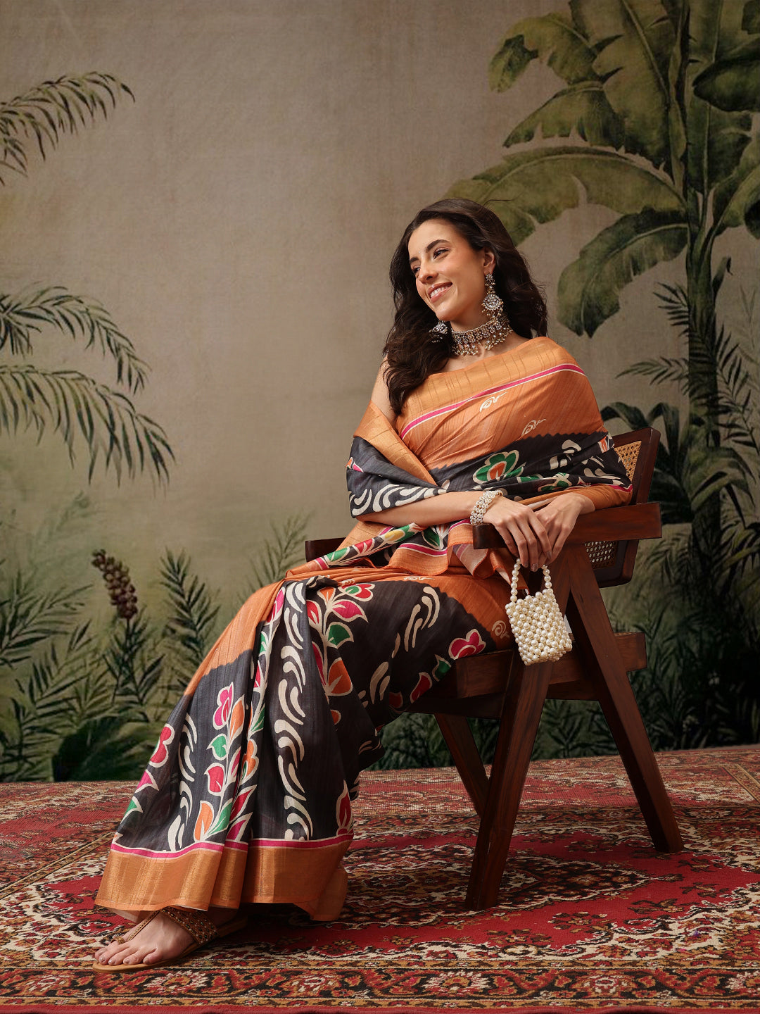 Hiral Fashion Black Banarasi Silk Blend Floral Digital Printed Saree | Grocsy