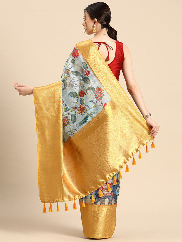 Sky Blue Munga Silk Digital Print Floral Saree with Unstitched Blouse - Hiral Fashion | Grocsy
