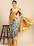 Sky Blue Munga Silk Digital Print Floral Saree with Unstitched Blouse - Hiral Fashion | Grocsy