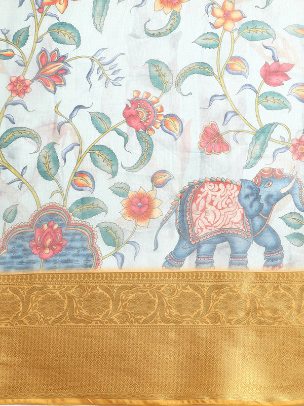 Sky Blue Munga Silk Digital Print Floral Saree with Unstitched Blouse - Hiral Fashion | Grocsy