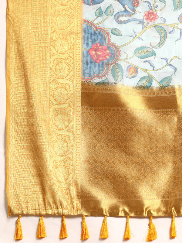 Sky Blue Munga Silk Digital Print Floral Saree with Unstitched Blouse - Hiral Fashion | Grocsy