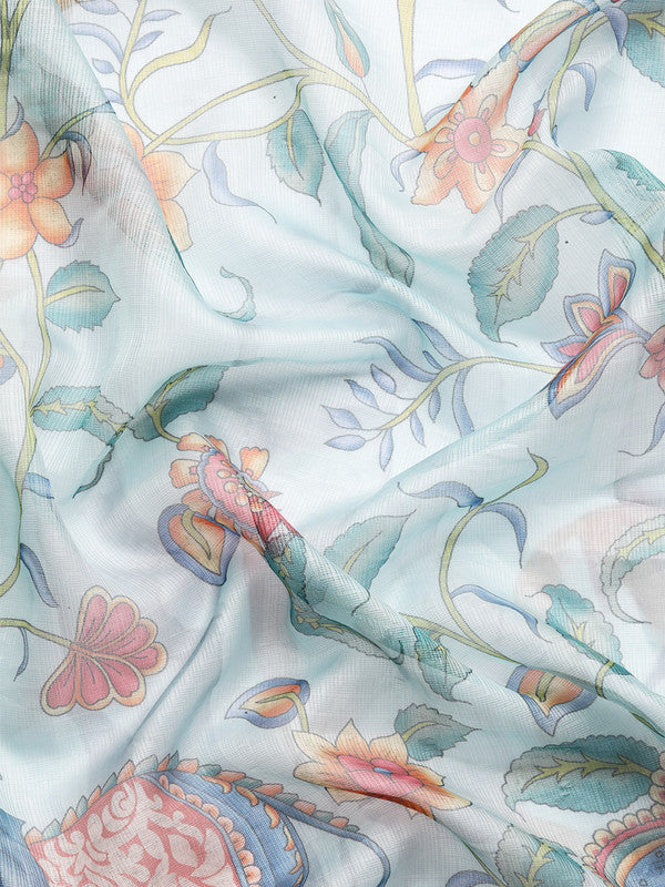 Sky Blue Munga Silk Digital Print Floral Saree with Unstitched Blouse - Hiral Fashion | Grocsy