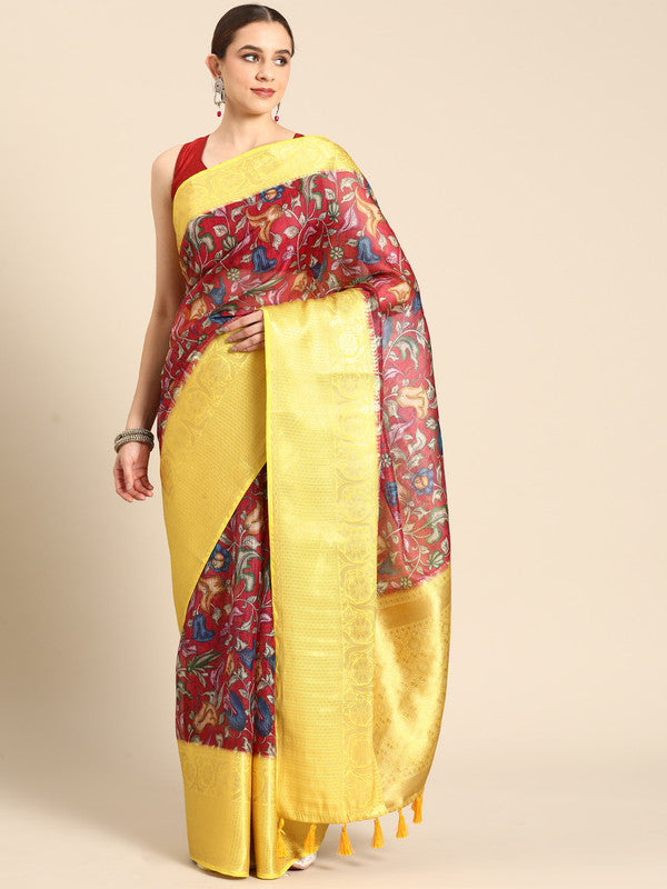 Maroon Munga Silk Digital Print Floral Saree with Unstitched Blouse - Hiral Fashion | Grocsy