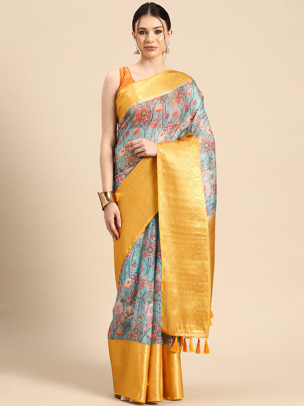 Turquoise Munga Silk Digital Print Floral Saree with Unstitched Blouse - Hiral Fashion | Grocsy