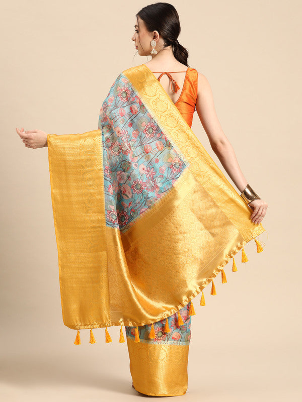 Turquoise Munga Silk Digital Print Floral Saree with Unstitched Blouse - Hiral Fashion | Grocsy