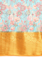 Turquoise Munga Silk Digital Print Floral Saree with Unstitched Blouse - Hiral Fashion | Grocsy