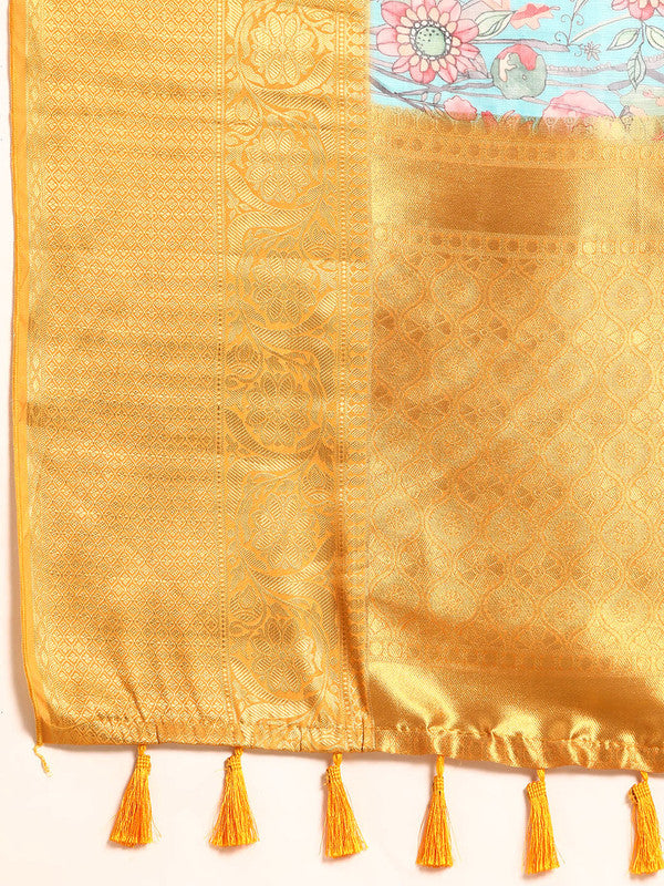 Turquoise Munga Silk Digital Print Floral Saree with Unstitched Blouse - Hiral Fashion | Grocsy