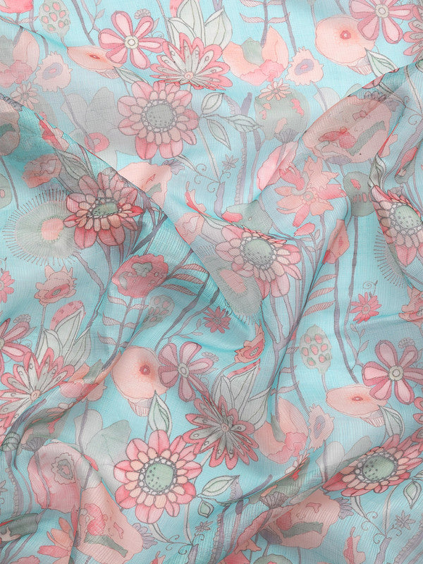 Turquoise Munga Silk Digital Print Floral Saree with Unstitched Blouse - Hiral Fashion | Grocsy