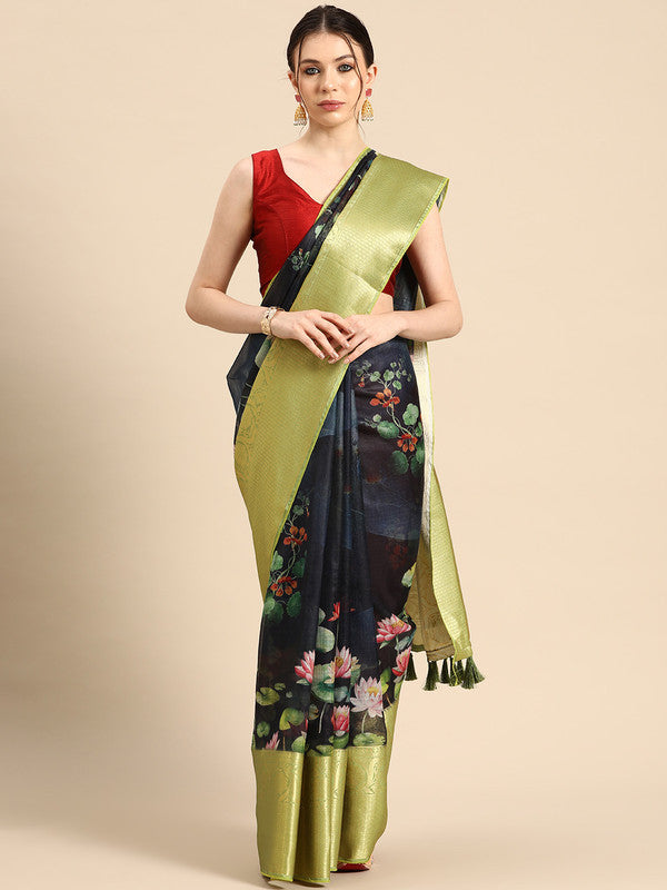 Navy Blue Munga Silk Digital Print Floral Saree with Unstitched Blouse - Hiral Fashion | Grocsy