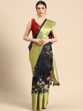 Navy Blue Munga Silk Digital Print Floral Saree with Unstitched Blouse - Hiral Fashion | Grocsy