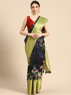 Navy Blue Munga Silk Digital Print Floral Saree with Unstitched Blouse - Hiral Fashion | Grocsy