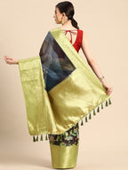 Navy Blue Munga Silk Digital Print Floral Saree with Unstitched Blouse - Hiral Fashion | Grocsy