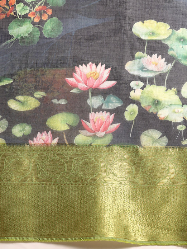 Navy Blue Munga Silk Digital Print Floral Saree with Unstitched Blouse - Hiral Fashion | Grocsy