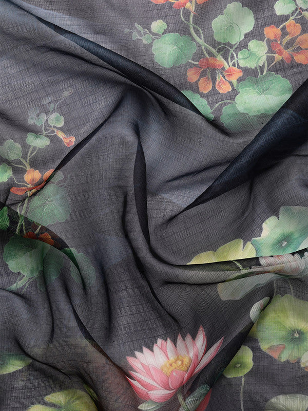 Navy Blue Munga Silk Digital Print Floral Saree with Unstitched Blouse - Hiral Fashion | Grocsy