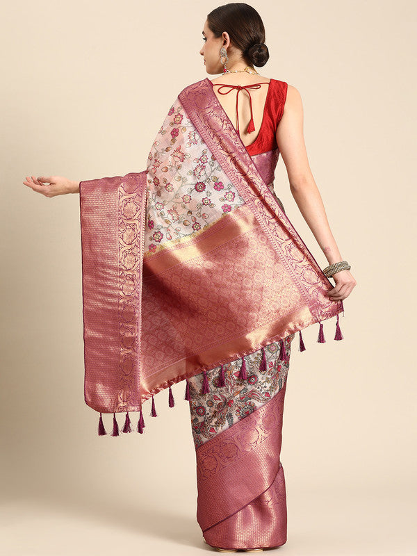 Beige Munga Silk Digital Print Floral Saree with Unstitched Blouse - Hiral Fashion | Grocsy