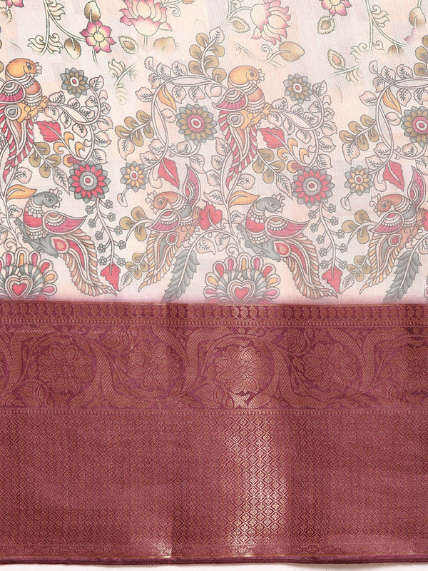 Beige Munga Silk Digital Print Floral Saree with Unstitched Blouse - Hiral Fashion | Grocsy