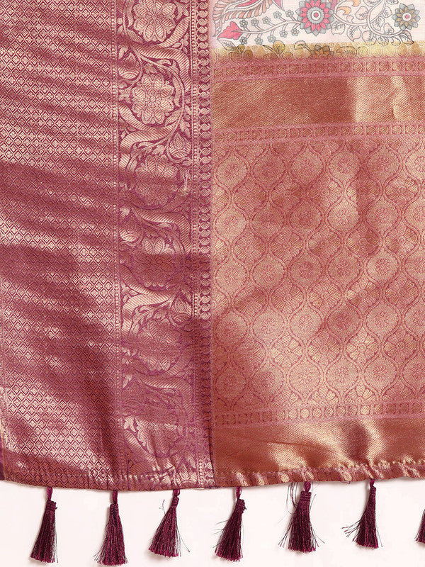 Beige Munga Silk Digital Print Floral Saree with Unstitched Blouse - Hiral Fashion | Grocsy