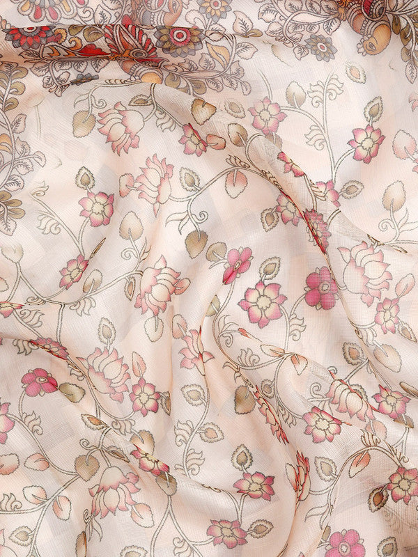 Beige Munga Silk Digital Print Floral Saree with Unstitched Blouse - Hiral Fashion | Grocsy