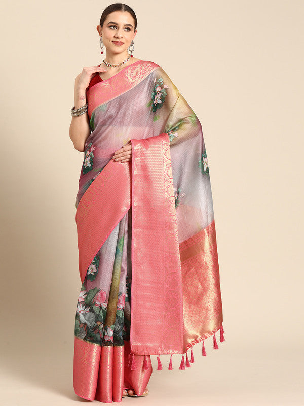 Multicolor Munga Silk Digital Print Floral Saree with Unstitched Blouse - Hiral Fashion | Grocsy