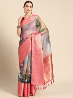 Multicolor Munga Silk Digital Print Floral Saree with Unstitched Blouse - Hiral Fashion | Grocsy