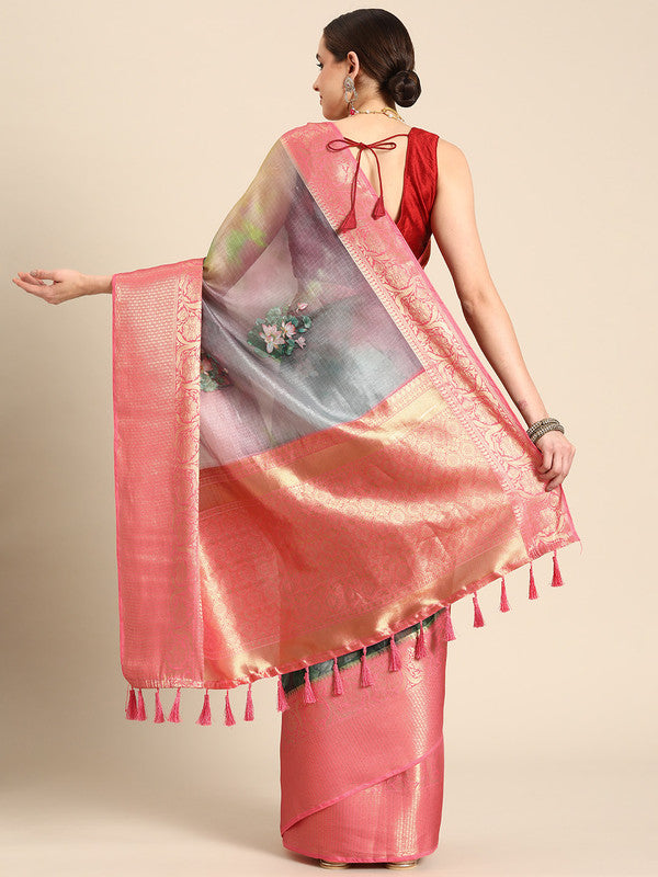 Multicolor Munga Silk Digital Print Floral Saree with Unstitched Blouse - Hiral Fashion | Grocsy