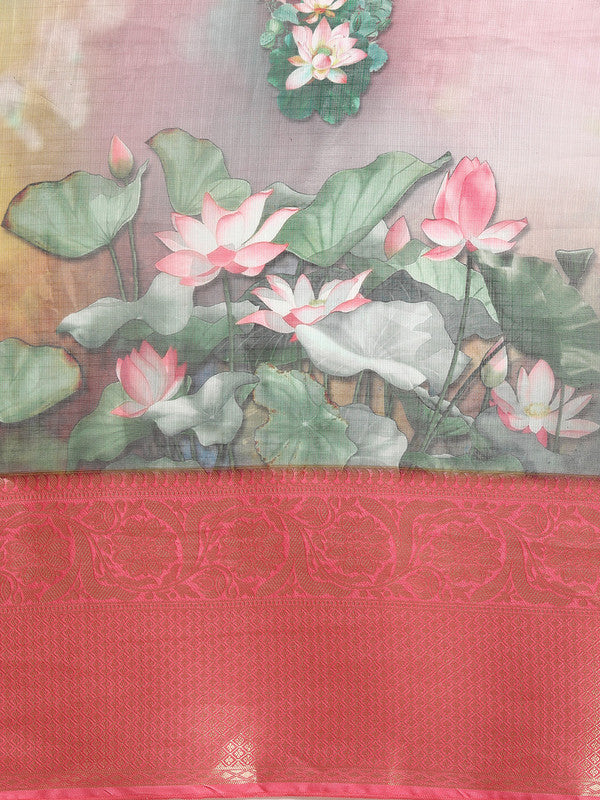 Multicolor Munga Silk Digital Print Floral Saree with Unstitched Blouse - Hiral Fashion | Grocsy