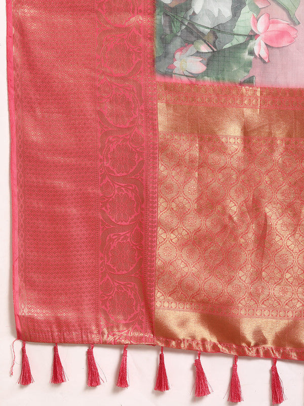 Multicolor Munga Silk Digital Print Floral Saree with Unstitched Blouse - Hiral Fashion | Grocsy