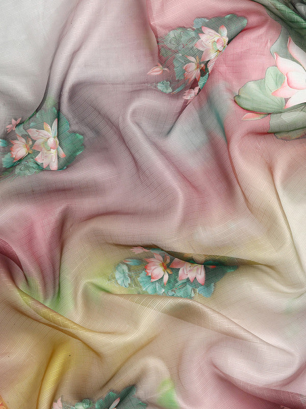 Multicolor Munga Silk Digital Print Floral Saree with Unstitched Blouse - Hiral Fashion | Grocsy