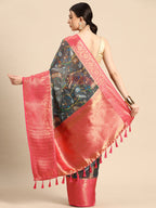 Gray Munga Silk Digital Print Floral Saree with Unstitched Blouse - Hiral Fashion | Grocsy