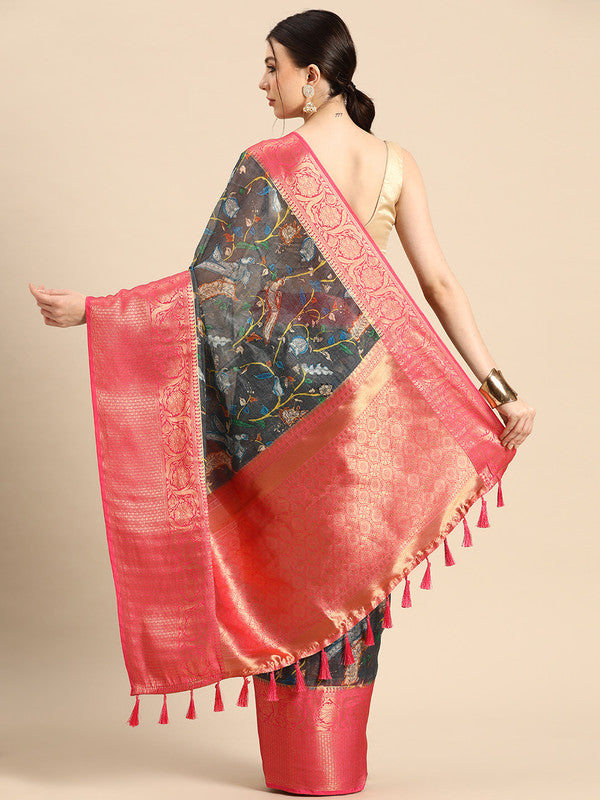 Gray Munga Silk Digital Print Floral Saree with Unstitched Blouse - Hiral Fashion | Grocsy