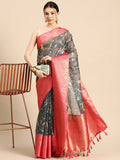 Gray Munga Silk Digital Print Floral Saree with Unstitched Blouse - Hiral Fashion | Grocsy