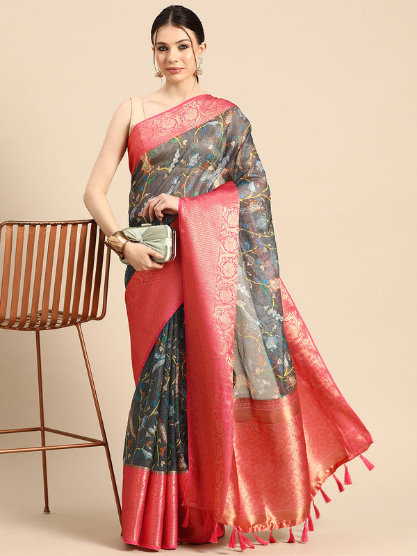 Gray Munga Silk Digital Print Floral Saree with Unstitched Blouse - Hiral Fashion | Grocsy