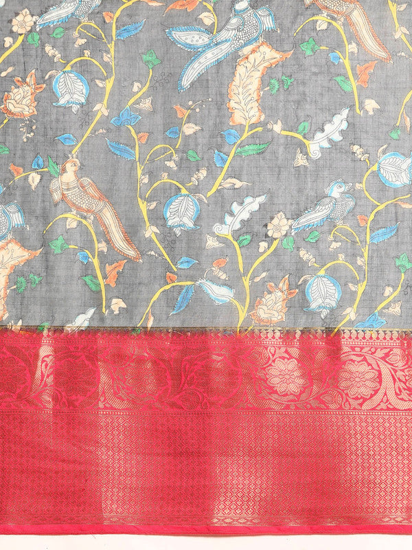 Gray Munga Silk Digital Print Floral Saree with Unstitched Blouse - Hiral Fashion | Grocsy