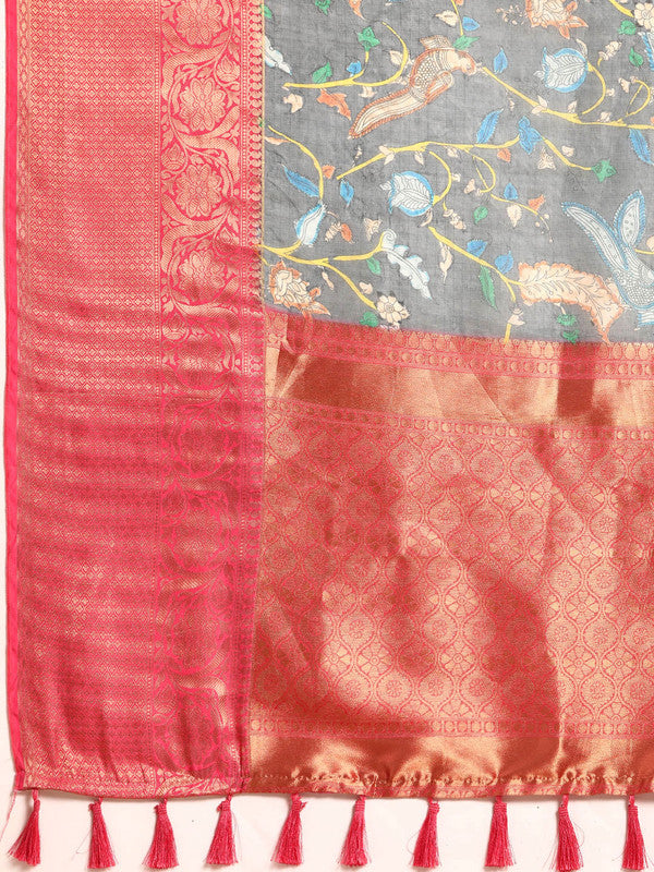 Gray Munga Silk Digital Print Floral Saree with Unstitched Blouse - Hiral Fashion | Grocsy