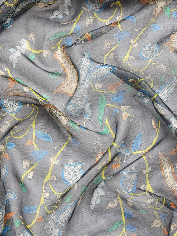 Gray Munga Silk Digital Print Floral Saree with Unstitched Blouse - Hiral Fashion | Grocsy