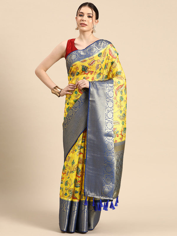 Yellow Munga Silk Digital Print Floral Saree with Unstitched Blouse - Hiral Fashion | Grocsy