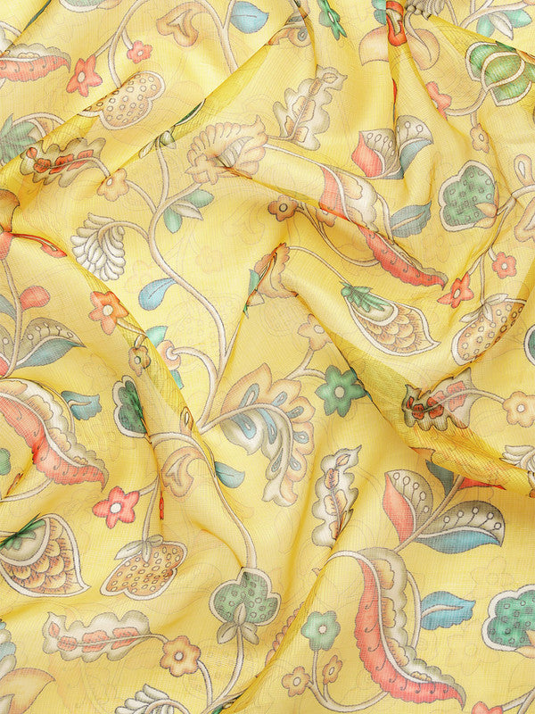 Yellow Munga Silk Digital Print Floral Saree with Unstitched Blouse - Hiral Fashion | Grocsy
